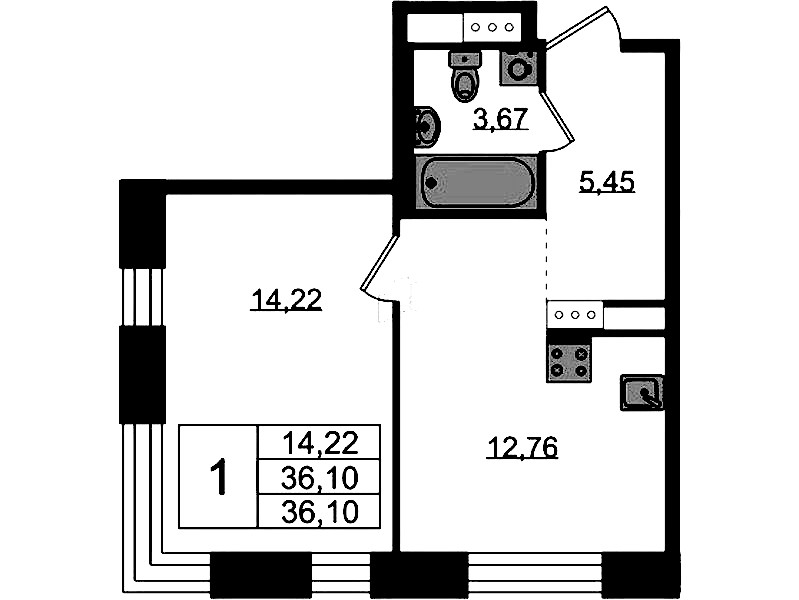 1-комнатная квартира 36.1 м², 3/5 эт., ЖК «Plus Пулковский»